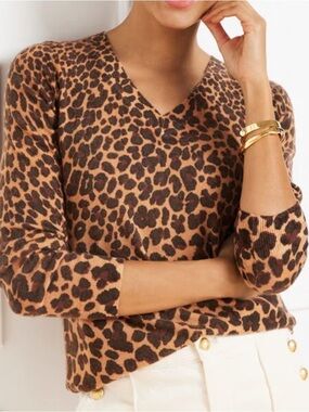 Talbots Leopard V-Neck Cashmere Sweater Size Large